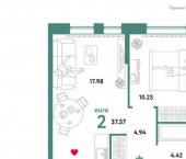 2-комн, 38кв м, этаж 9/16 улица Первооткрывателей, 6