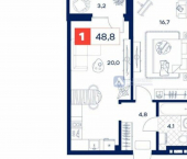 1-комн, 49кв м, этаж 2/25 Пышминская улица, 216А