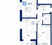 2-комн, 62кв м, этаж 2/25 ул Пышминская, 216а