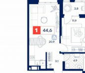 1-комн, 45кв м, этаж 4/25 Пышминская улица, 216А