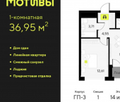 1-комн, 37кв м, этаж 14/14 ул Андрея Приказнова, 7