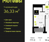 1-комн, 36кв м, этаж 14/14 улица Андрея Приказнова, 7